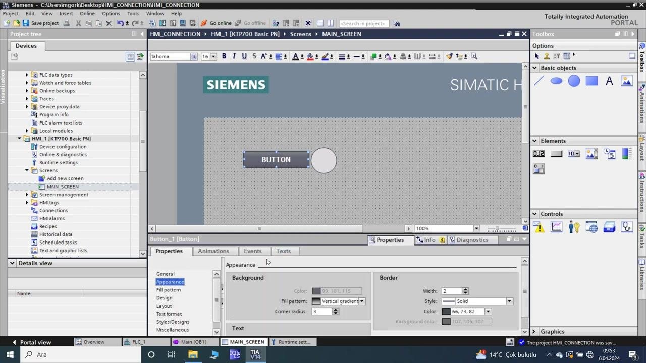 TIA Portal: MAIN_SCREEN with the BUTTON and indicator, properties pane open for appearance editing