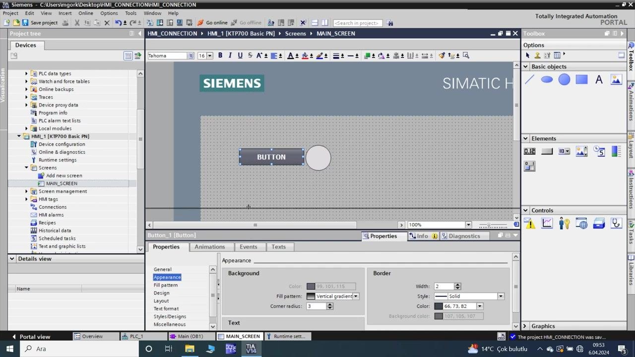 TIA Portal: MAIN_SCREEN with the BUTTON and indicator, Appearance properties open