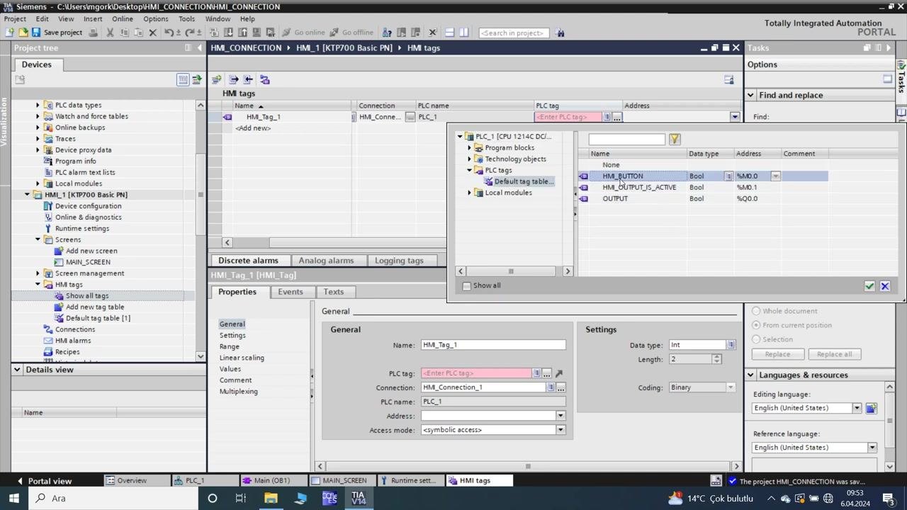 TIA Portal: HMI tag table and PLC tag selection dialog with HM_BUTTON, HM_OUTPUT_IS_ACTIVE, and OUTPUT listed