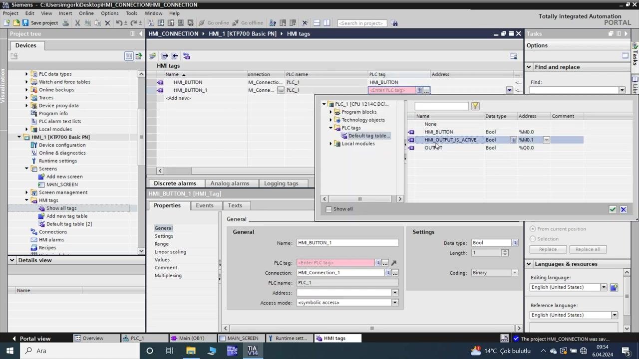 TIA Portal: HMI tag table linking HM_BUTTON_1 to the HM_OUTPUT_IS_ACTIVE PLC tag