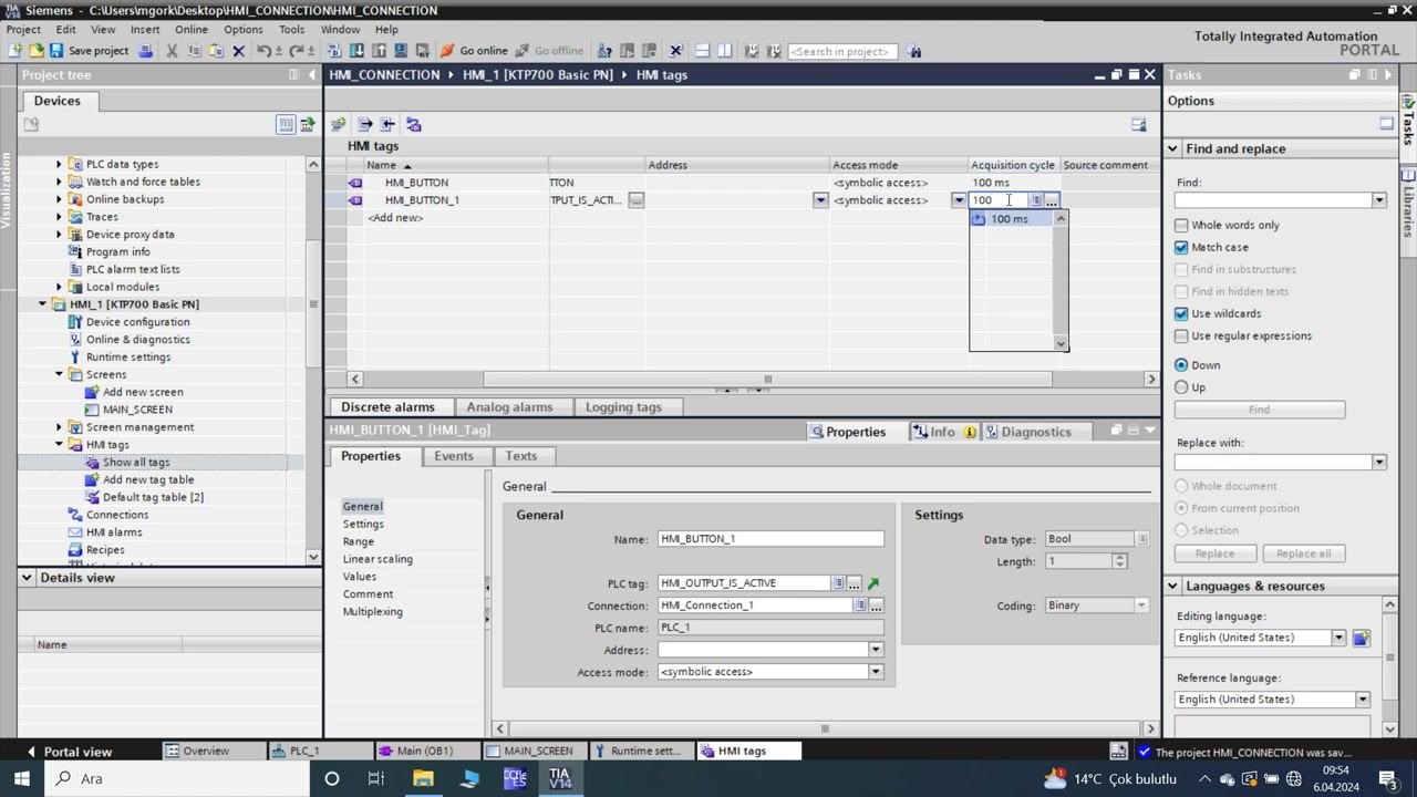 TIA Portal: HMI tag table with the acquisition cycle set to 100 ms for both tags