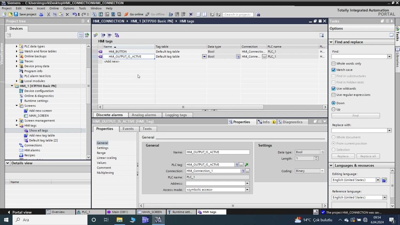 TIA Portal: HMI tag table with both tags configured and linked