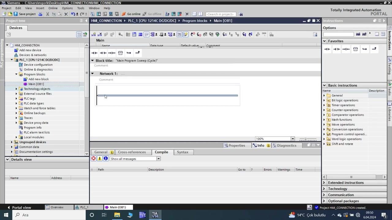 TIA Portal: device view showing PLC_1 in the rack layout, with the project tree updated