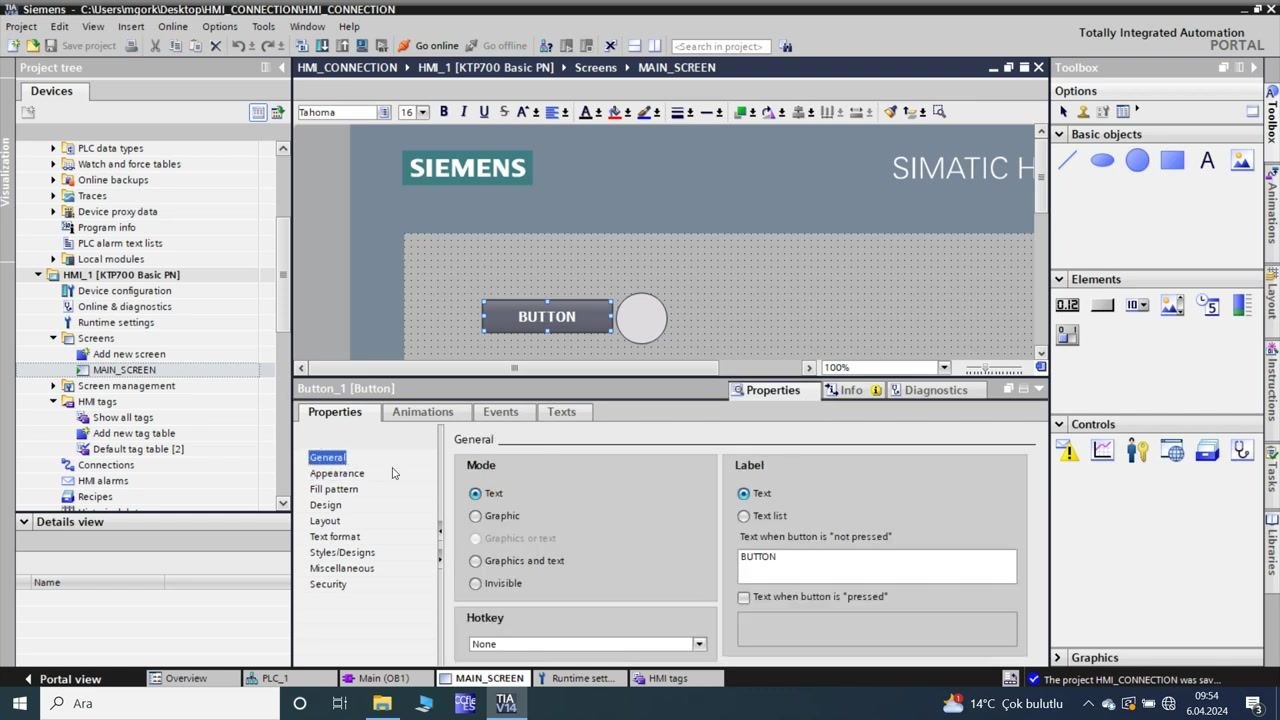 TIA Portal: MAIN_SCREEN with the button selected and the General properties tab open
