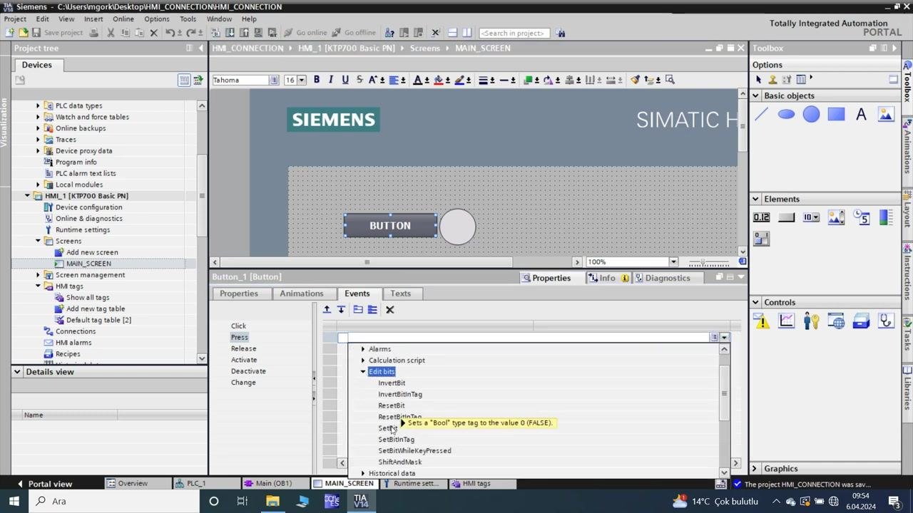 TIA Portal: MAIN_SCREEN with the button Events tab open and the SetBit action highlighted
