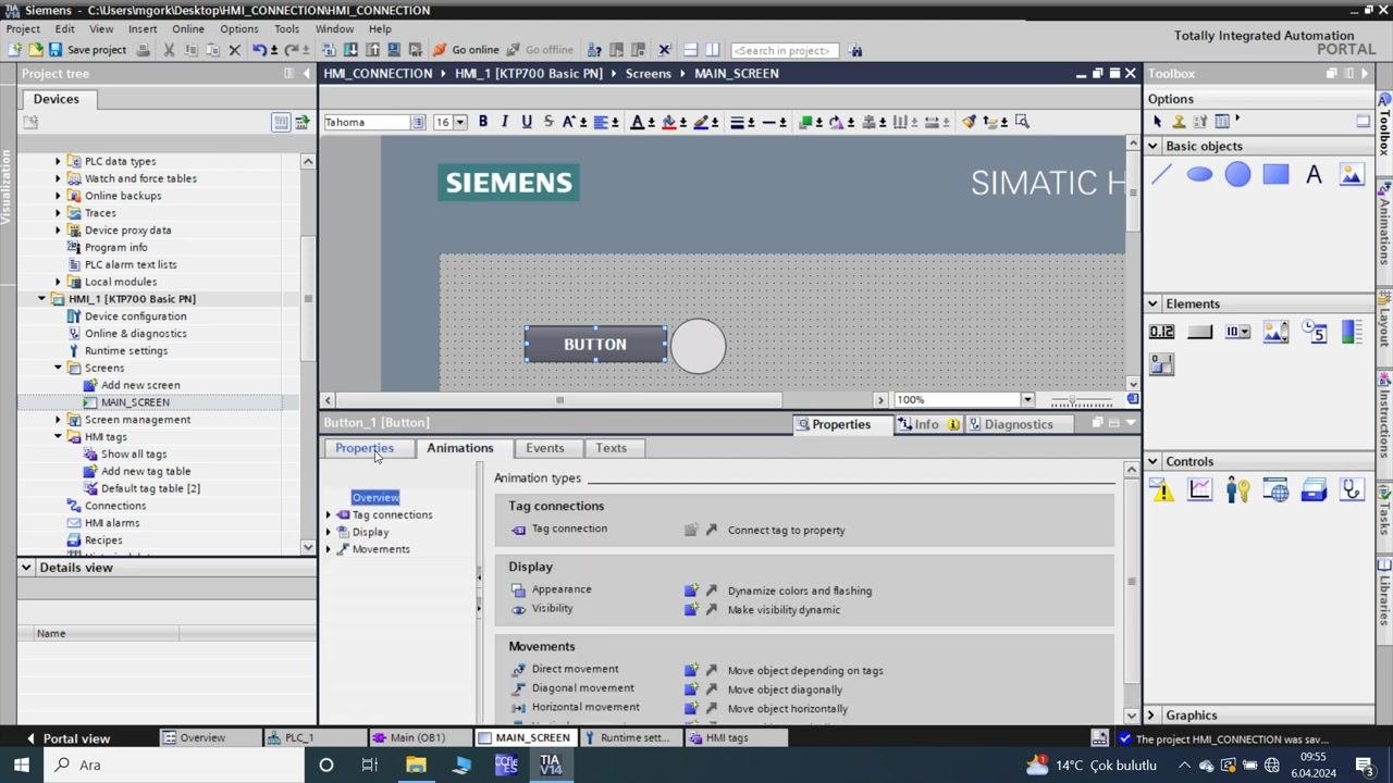 TIA Portal: MAIN_SCREEN with the button selected and the Animations tab open, showing tag connection and display/movement options