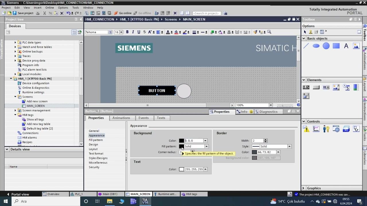 TIA Portal: button appearance properties being set, showing color, fill pattern, border, and text color settings for the selected button on the HMI screen