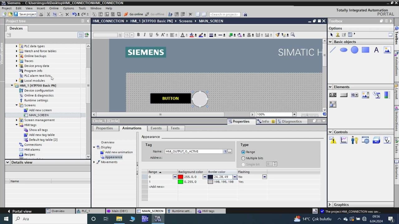 TIA Portal: circle animation properties being set, showing tag assignment, color ranges, and flashing options for the indicator circle