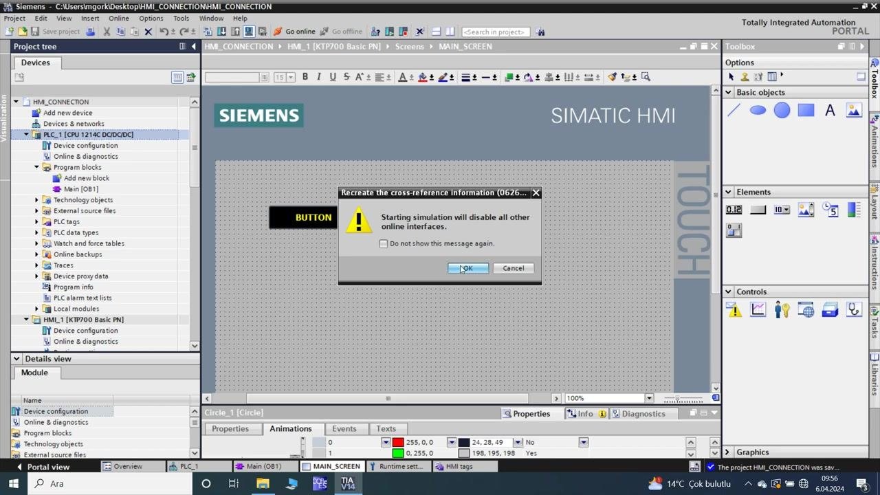 TIA Portal: simulation warning dialog stating that starting the simulation will disable all other online interfaces, with OK and Cancel options