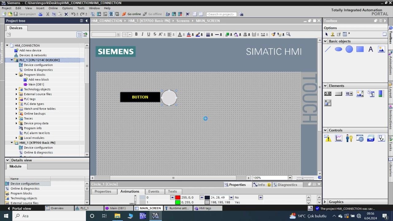 TIA Portal: simulation loading spinner appearing on the HMI screen, indicating the simulation is starting