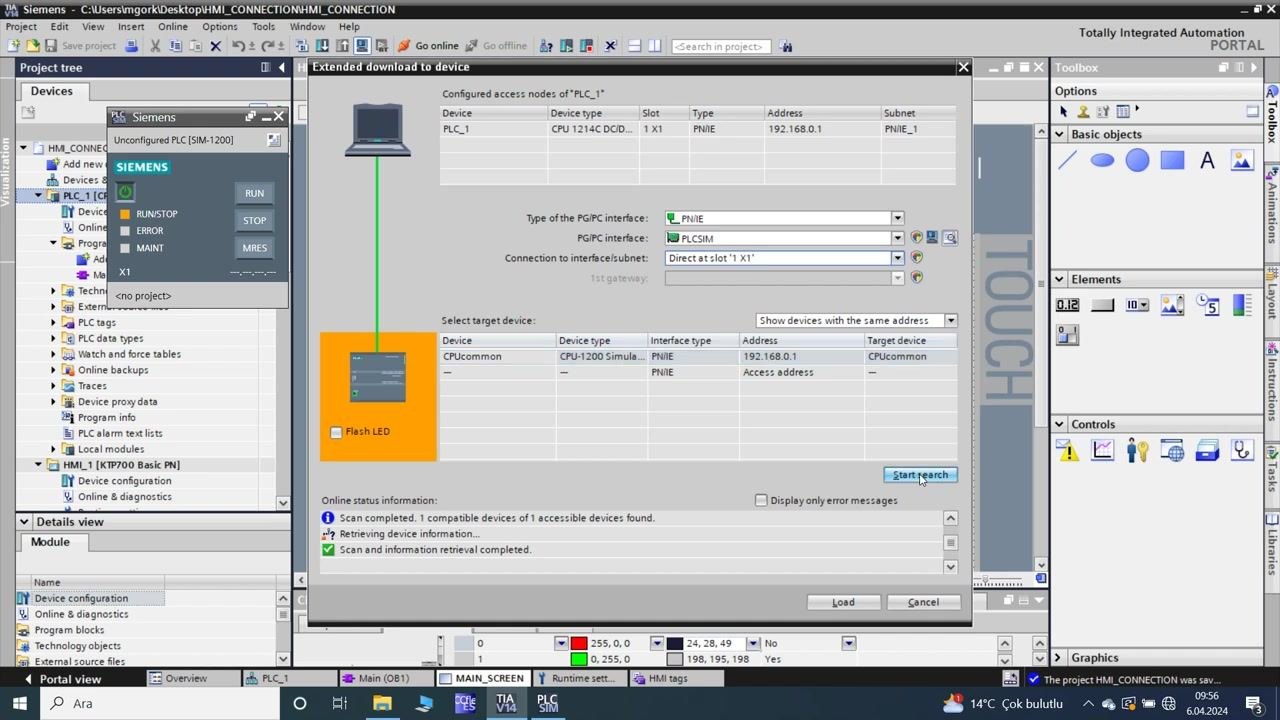 TIA Portal: Extended download to device window showing the device scan results, target device selection, and network/interface details