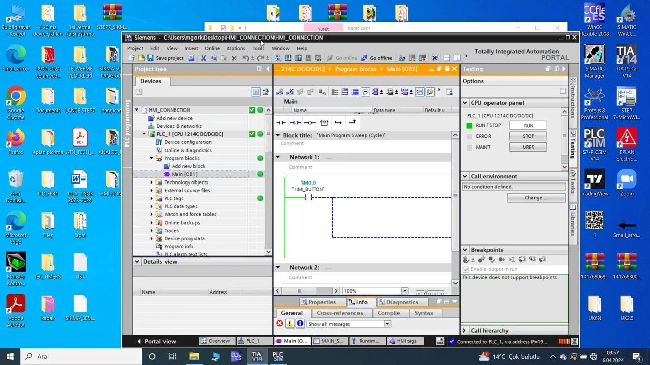 TIA Portal: Load preview window with a checklist for simulated module, device configuration, software, and text libraries, and the Load button being clicked