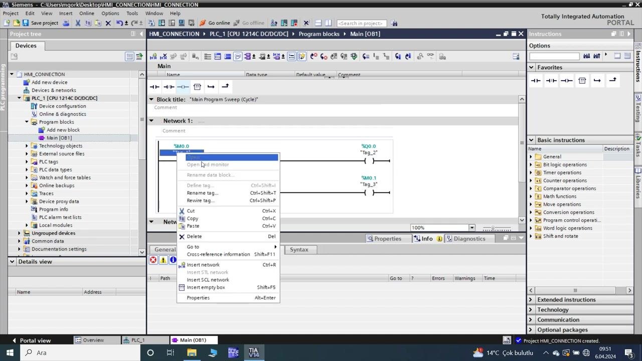 TIA Portal: main program block (OB1) open, ready for ladder logic programming