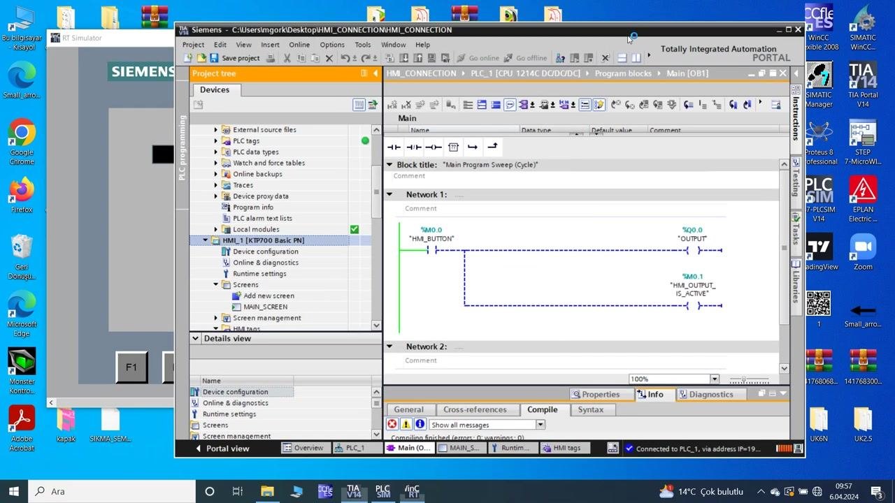 RT Simulator showing the BUTTON pressed, the indicator circle turned red, and the TIA Portal ladder logic active