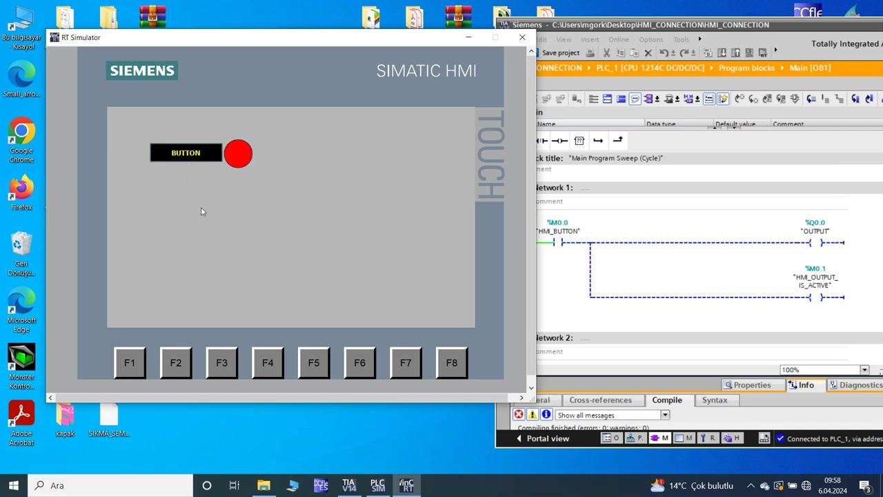 RT Simulator window showing the HMI screen with the BUTTON and solid red indicator, the TIA Portal window with active ladder logic, and the desktop environment