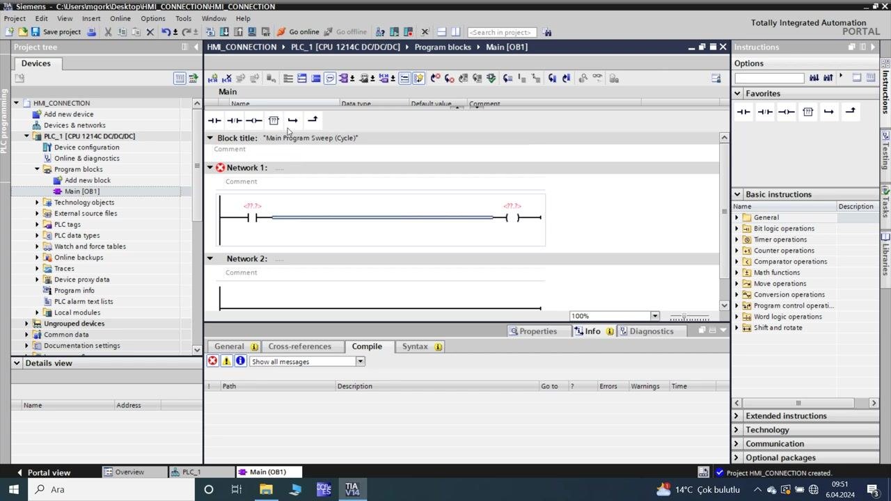 TIA Portal: ladder logic rung with contacts and coils, tags and addresses visible