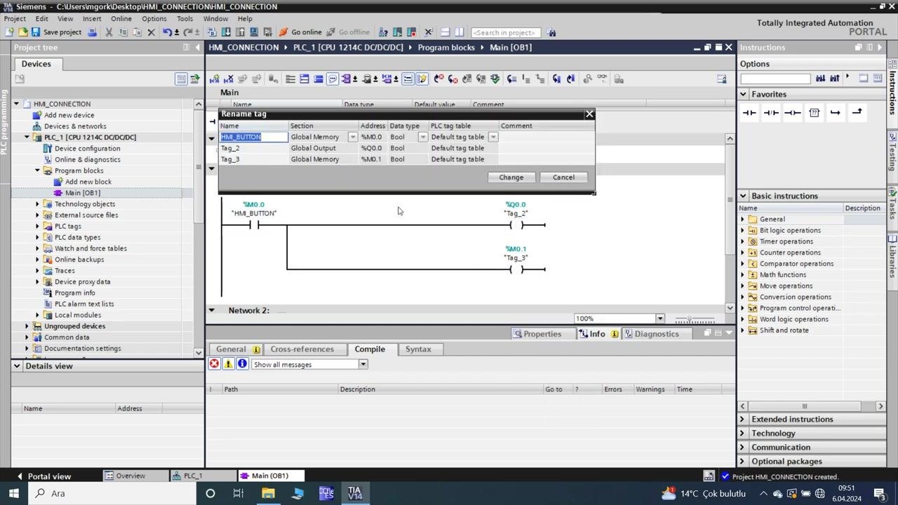 TIA Portal: tag editing dialog with tag names, addresses, and data types
