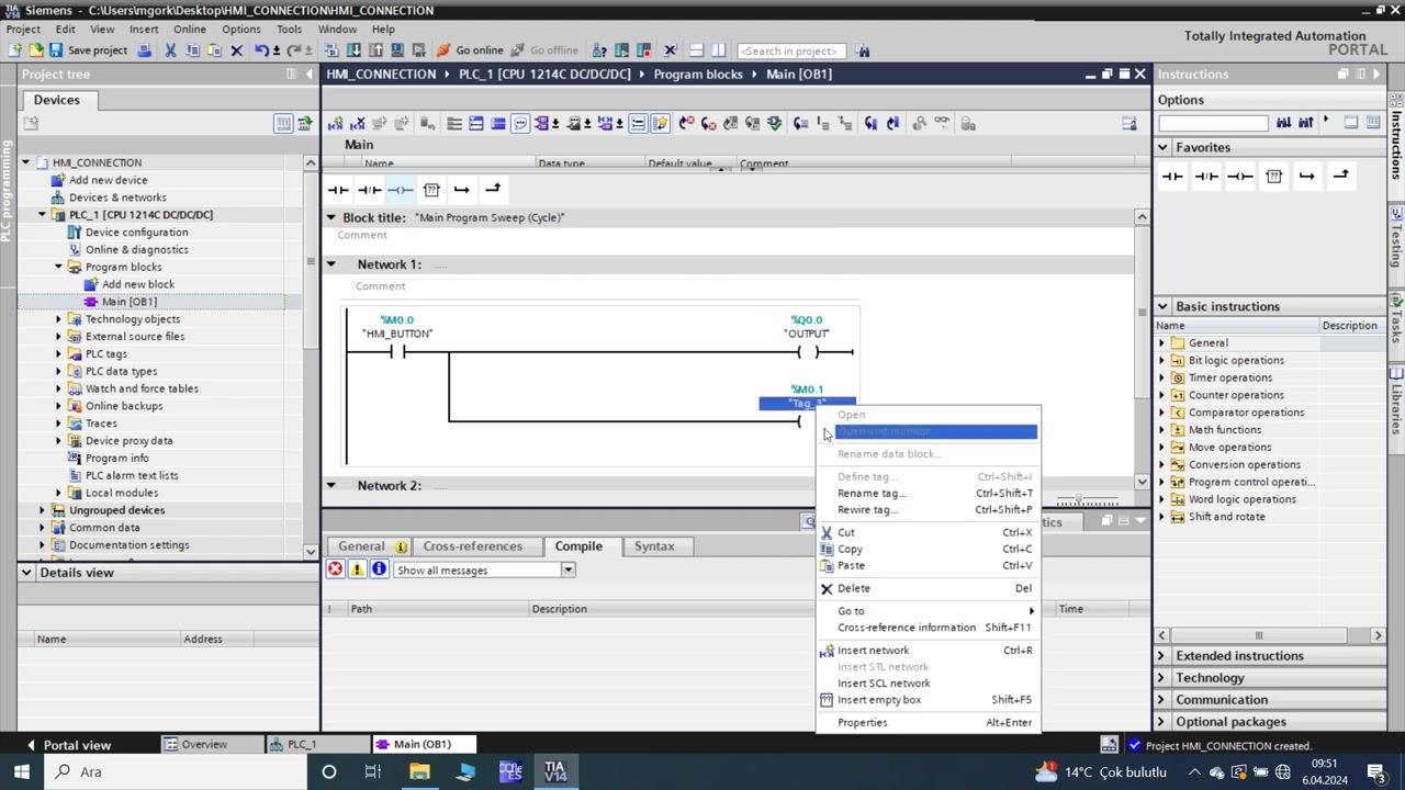 TIA Portal: finalized ladder logic with updated tag names and the context menu open