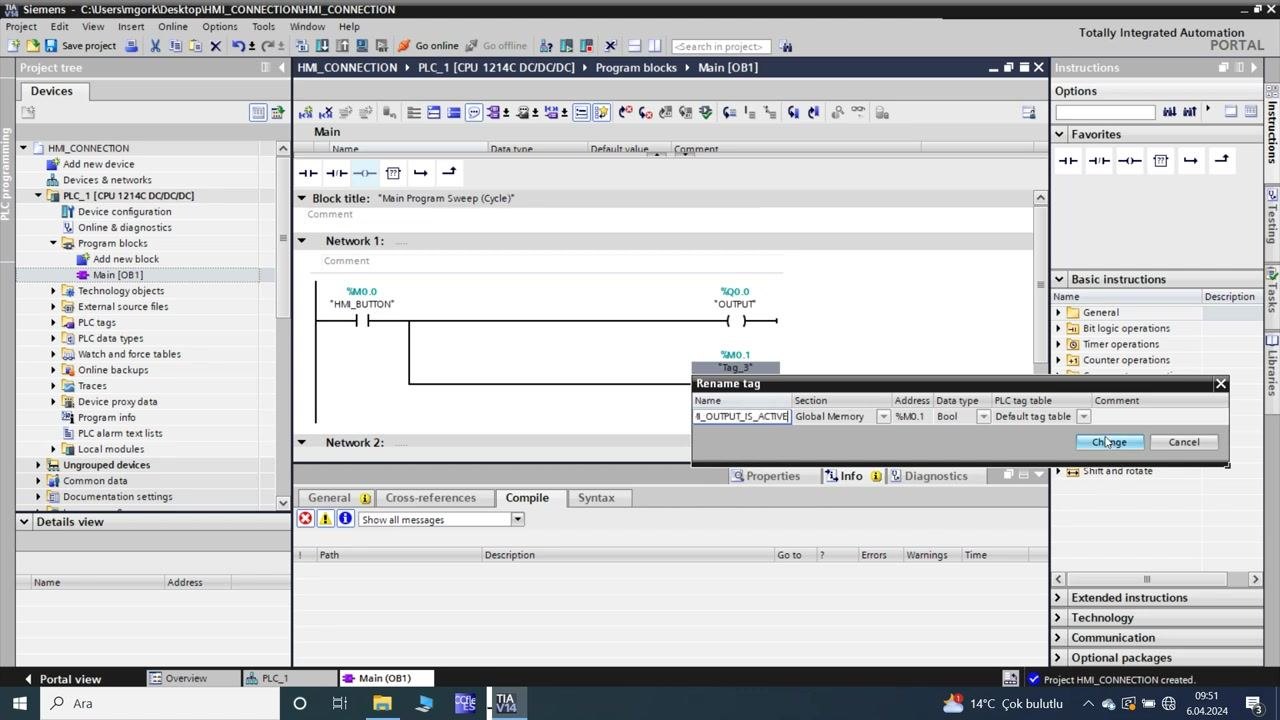TIA Portal: rename tag dialog open, entering 'HM_OUTPUT_IS_ACTIVE' for %M0.1