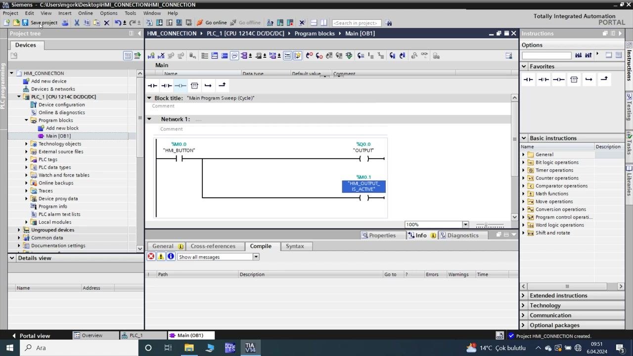 TIA Portal: ladder logic with the updated tag 'HM_OUTPUT_IS_ACTIVE' highlighted