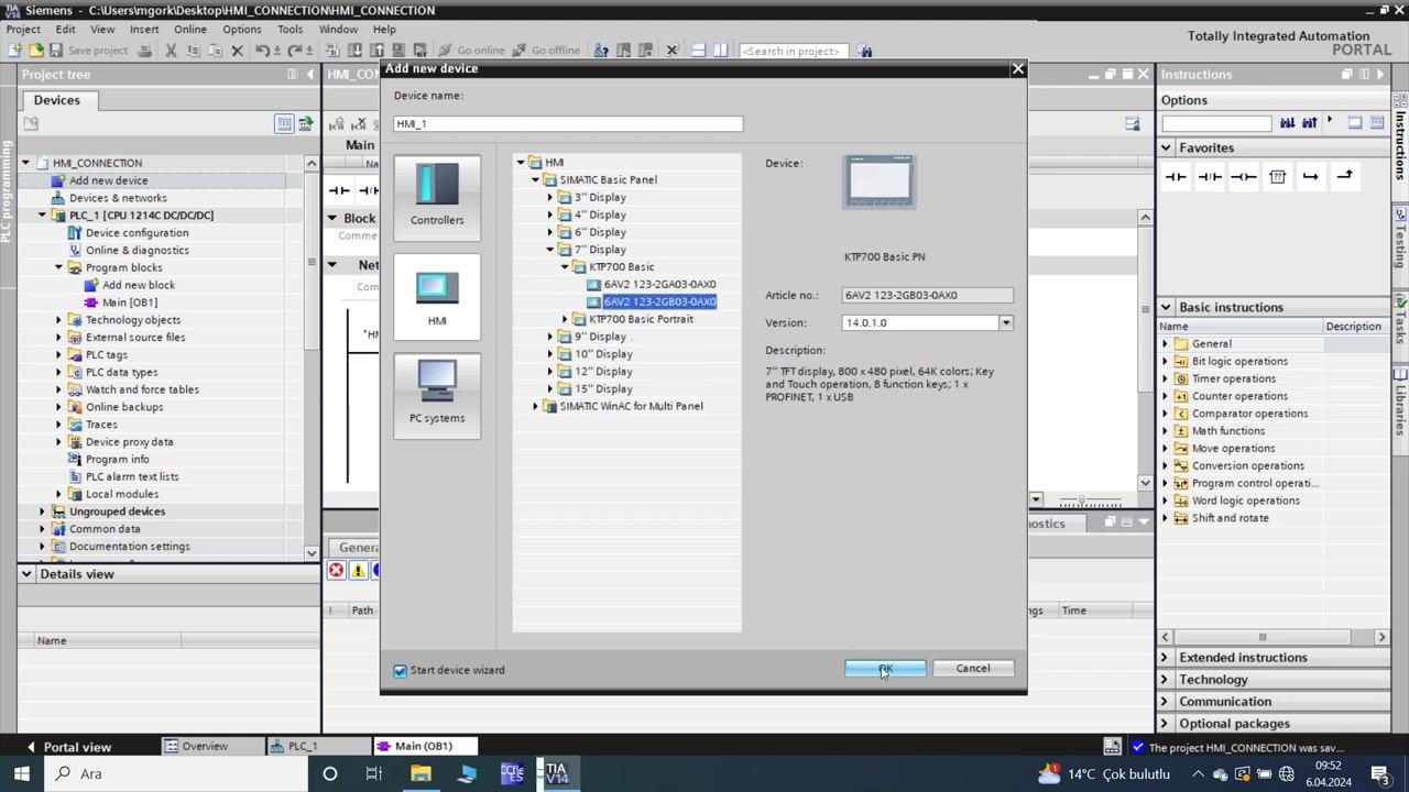 TIA Portal: "Add new device" dialog with the KTP700 Basic PN HMI selected