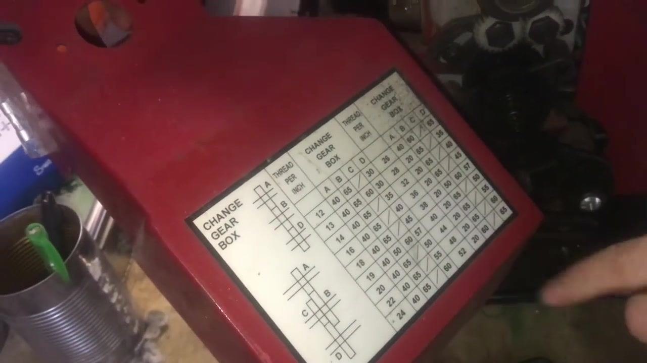 Lathe with back cover removed, exposing the gear train and threading chart. The lathe controls, a warning label, and metal shavings around the work area are visible.