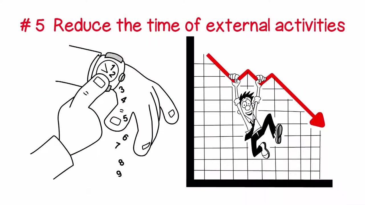Hand adjusting a watch with numbers falling off, and a person hanging from a downward-trending graph arrow, representing time reduction