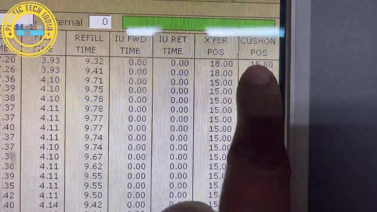 Operator pointing to the 'Shot Size' field (95.0 mm) on the machine's control panel, highlighting the refill position.