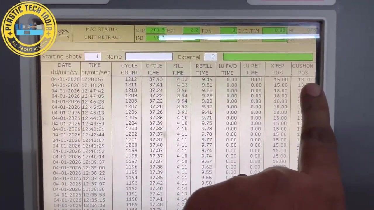 Operator pointing to the 'CUSHION POS' column (13.70 mm) on the machine interface, confirming that the problem is solved.