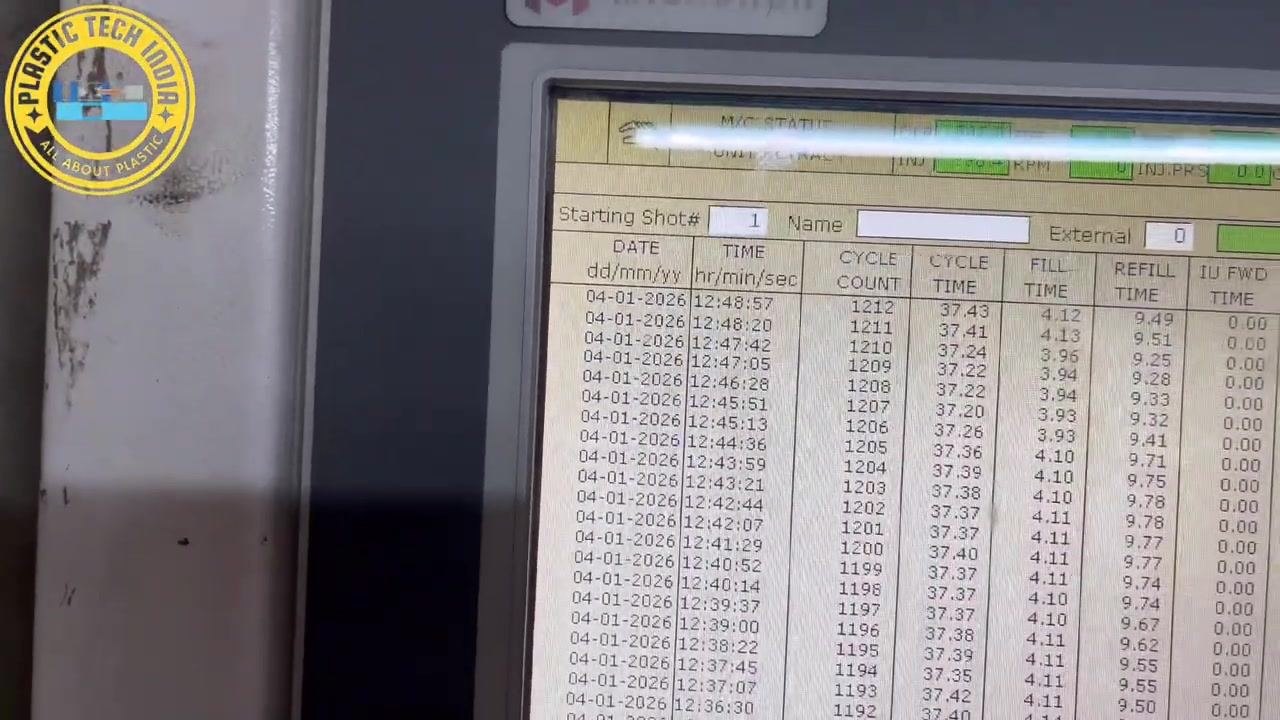 Full view of the Milacron Endura machine interface, displaying all process parameters in the industrial molding shop.