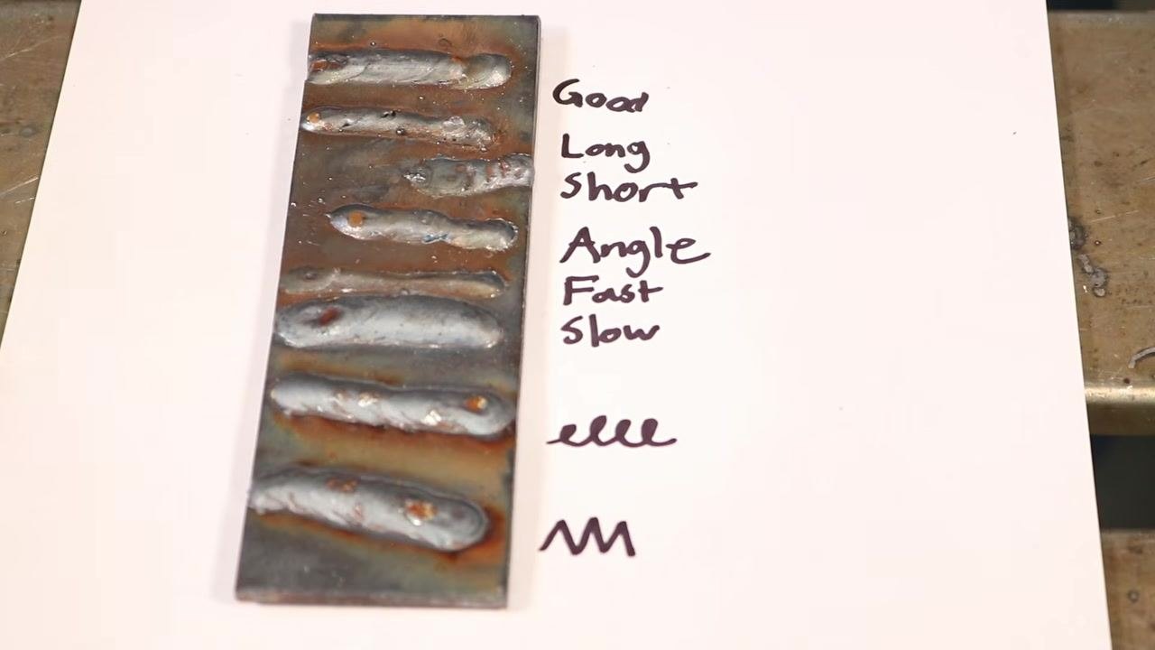 Close-up of a weld bead plate showing porosity and other defects, with handwritten labels for each weld type