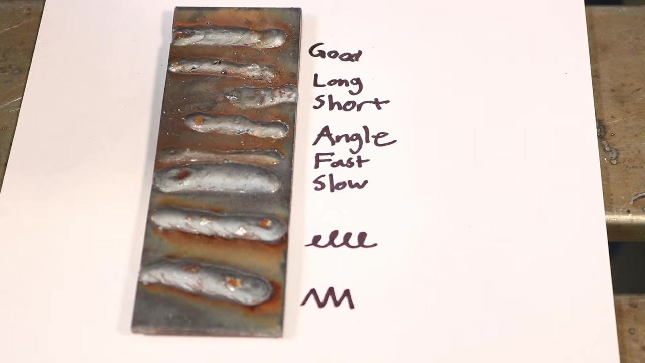 Close-up of a weld bead plate, illustrating burn-through and other issues caused by incorrect technique