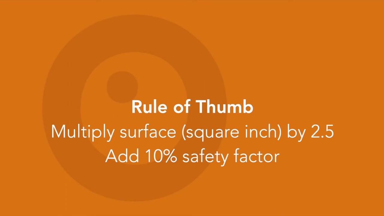 Orange background with text: "Rule of Thumb. Multiply surface (square inch) by 2.5. Add 10% safety factor"