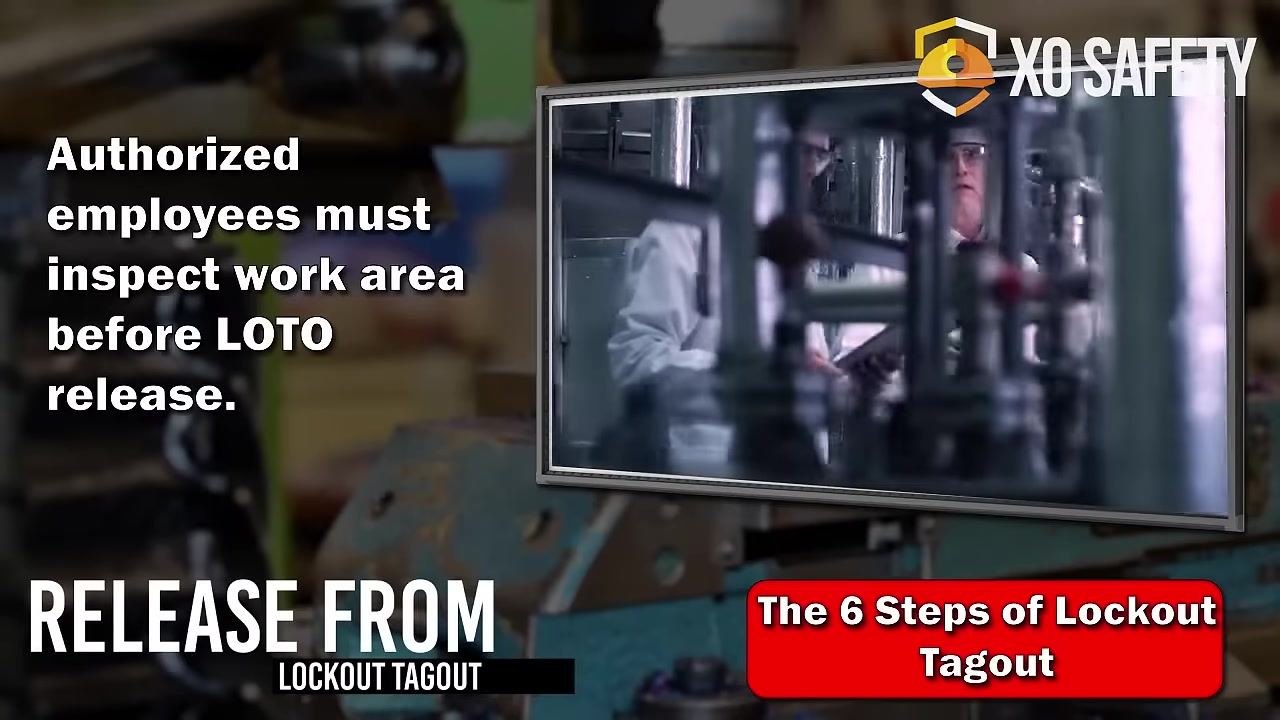 Two employees in aprons, one holding a clipboard, standing in front of industrial tanks and communicating about the upcoming LOTO release. Overlay text reads "Affected employees must be notified of release of LOTO" and "Release from Lockout Tagout."