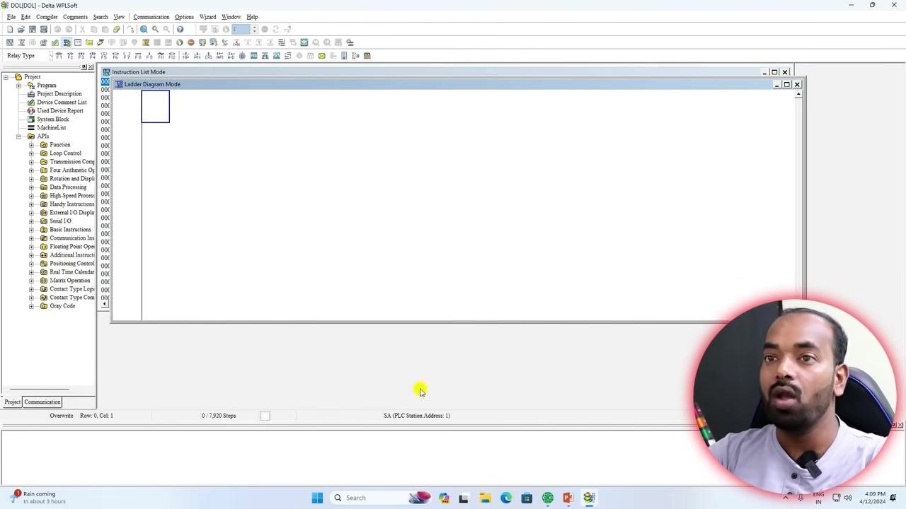 Dialog box for selecting the PLC model, with dropdowns for Model Type (PLC selected), Select (PLC, VFD, TP options), and Communication (RS232 (COM5)); the mouse pointer is selecting PLC.