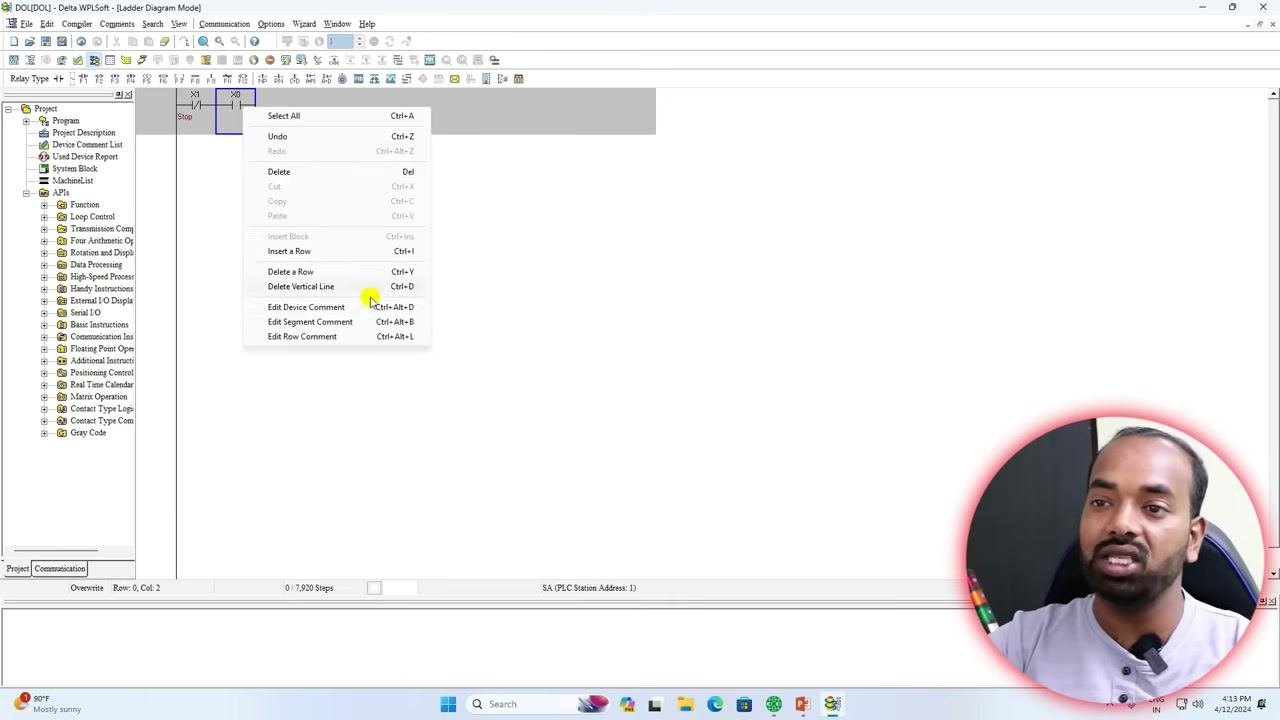 Ladder diagram editor with STOP (X0) and START (X1) contacts, and the Input Instruction dialog box open.