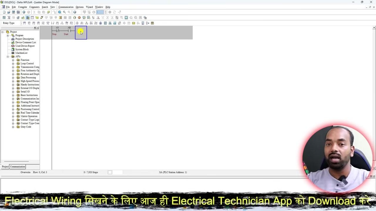 Ladder diagram with STOP and START contacts, context menu open with Edit Device Comment highlighted.