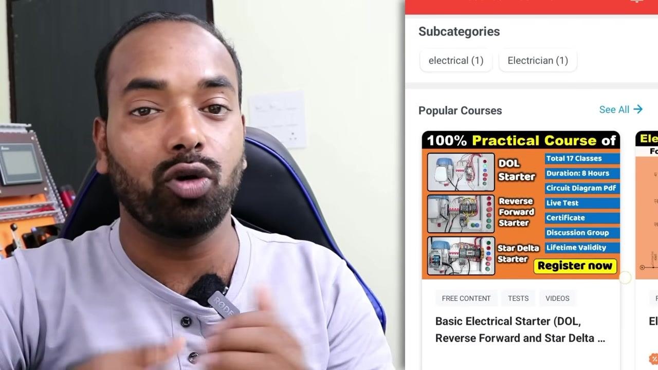 Announcement of an upcoming PLC course, with a recommendation to watch the Electrical Wiring Master Course first, and a visual of a PLC and wiring panel.