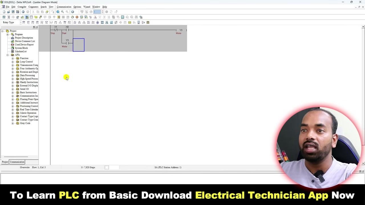 Delta WPLSoft ladder diagram editor with STOP, START, and Motor elements, workspace ready for new input.