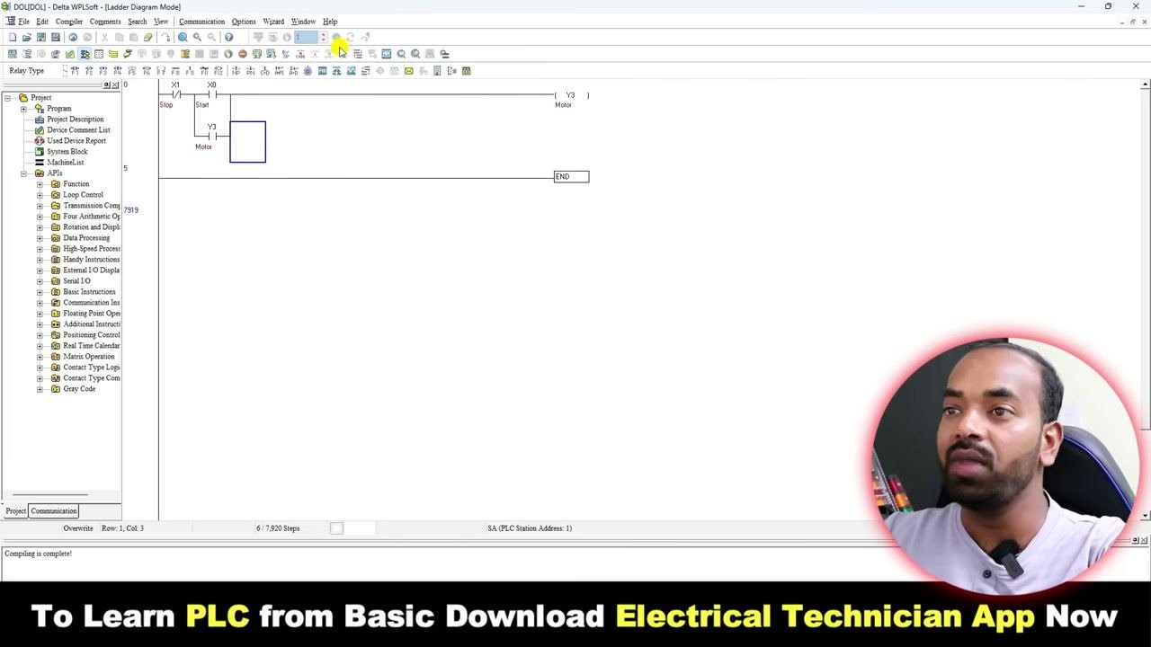 Delta WPLSoft ladder diagram editor showing STOP (X1), START (X0), and Motor (Y3) elements, with the compile status "Compiling is complete!" and a banner promoting the Electrical Technician app.