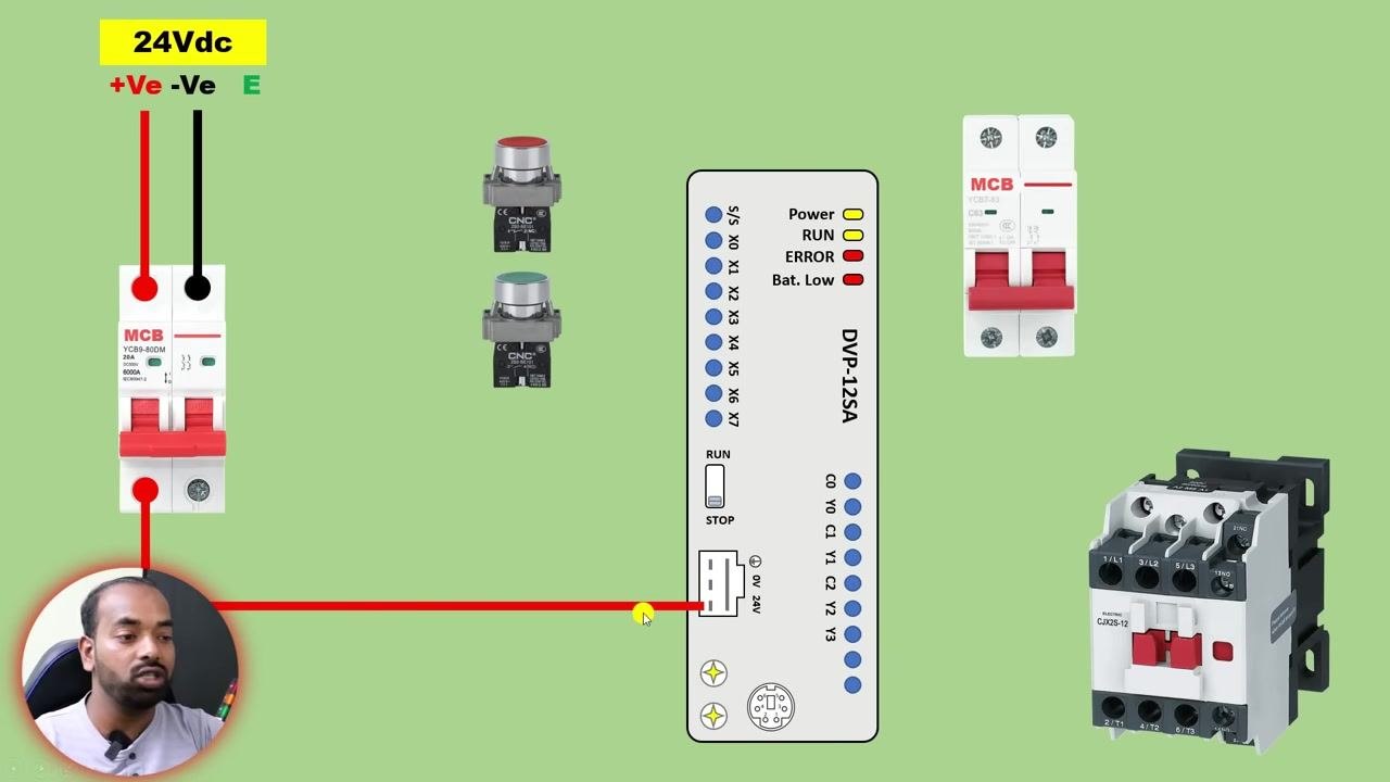 Diagram showing the red wire from the MCB connected to the PLC terminal labeled 24V.