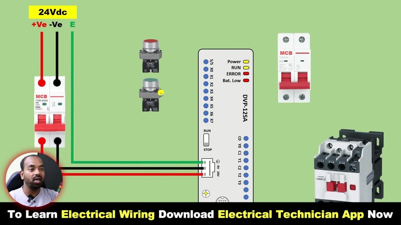 Wiring diagram showing the start/stop push buttons, contactor, and motor connections.