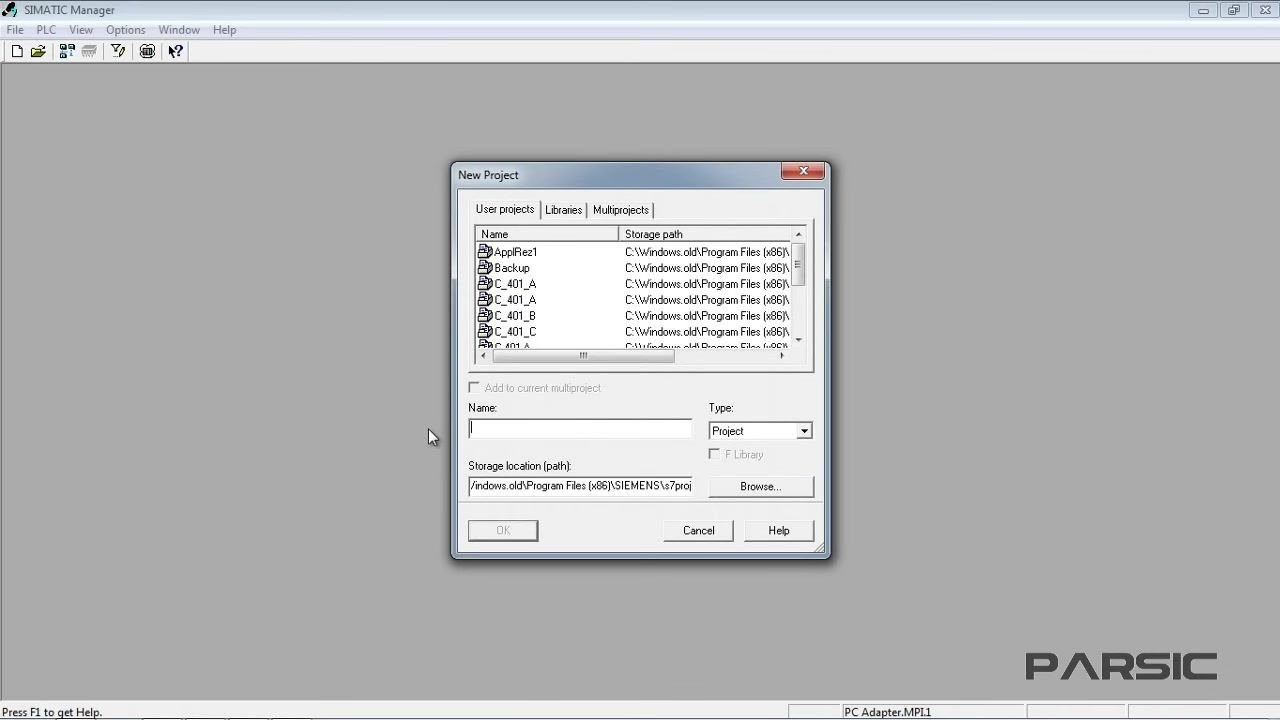 SIMATIC Manager New Project dialog with an empty Name field and the default storage path