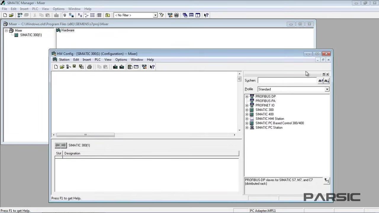 Project tree showing the Mixer project with the SIMATIC 300(1) subgroup added