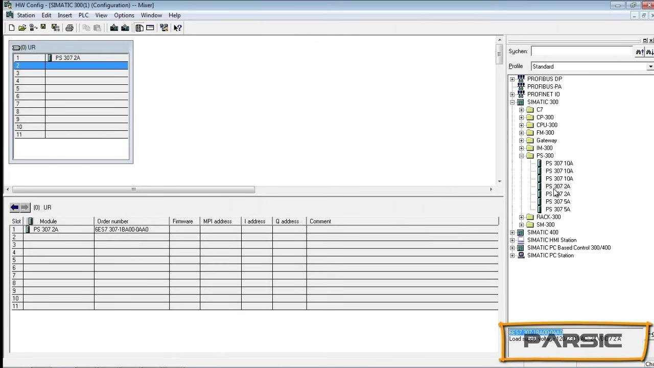 Order number for PS 307 2A highlighted in the lower right, matching the entry in the module table