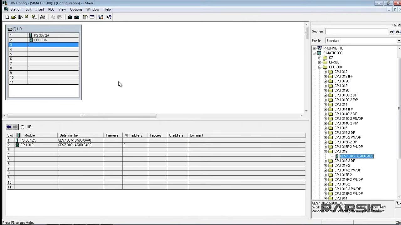 CPU 316 module installed in slot 2, with the order number and MPI address visible in the table and the CPU-300 folder open in the hardware catalog