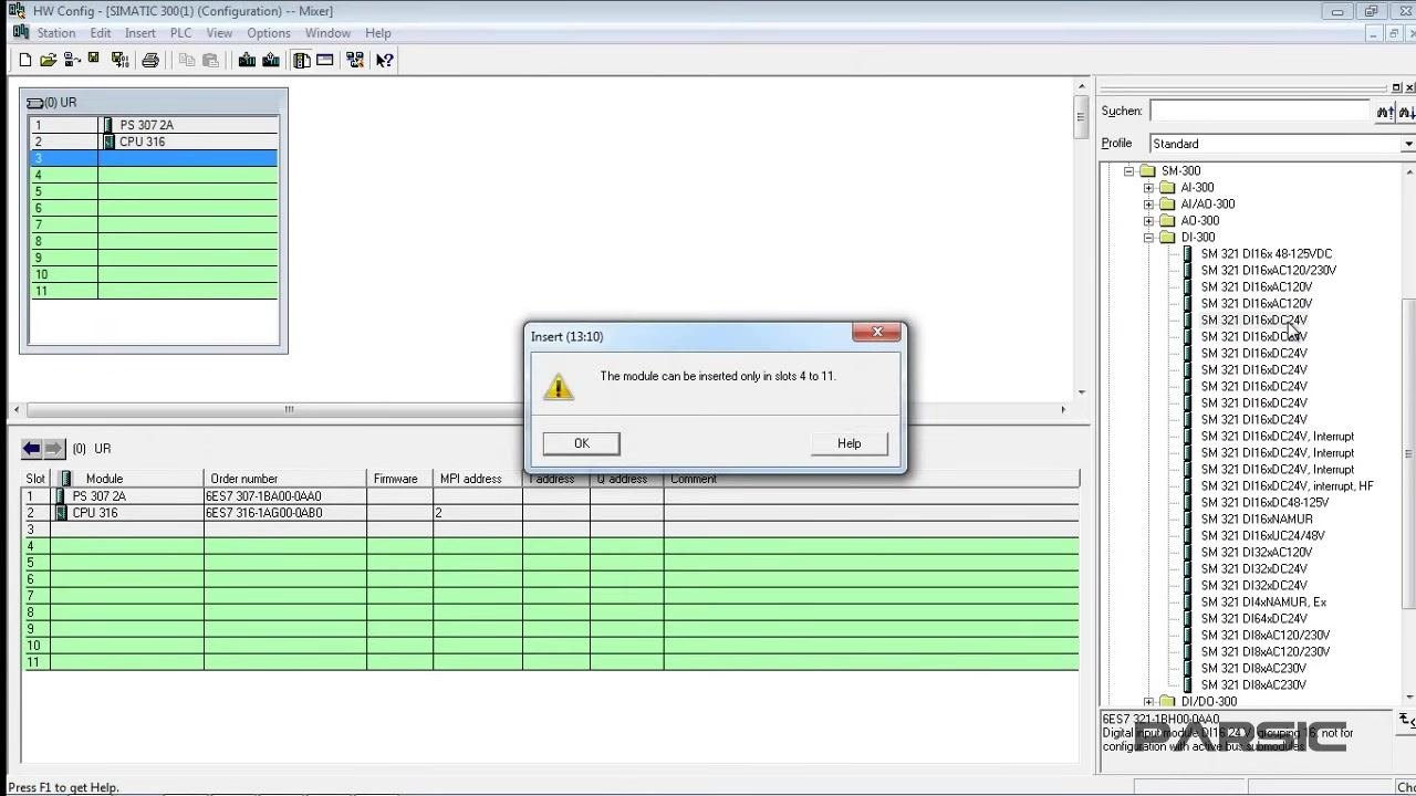 HW Config window with a warning dialog stating the module can only be inserted in slots 4 to 11; slot 3 is selected and the DI-300 folder is open