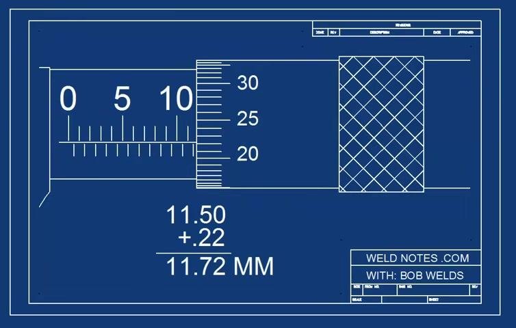 Micrometer diagram with calculation 11.50 + .22 = 11.72 MM