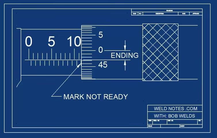 Diagram showing a measurement scale and vernier scale labeled "ending" and "mark not ready"