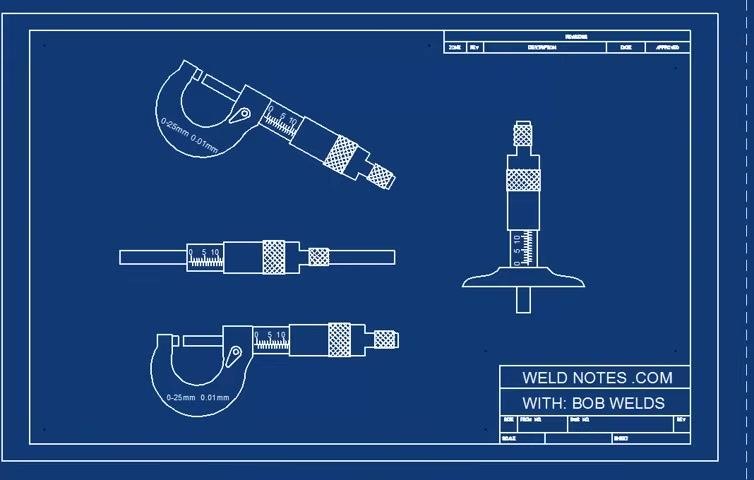 Blueprint diagram showing different types of micrometers, including outside and depth micrometers, all labeled "0-25mm 0.01mm"